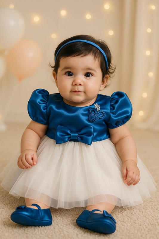 Girls Floral Bow Embellished Net Flared Premium Party Dress