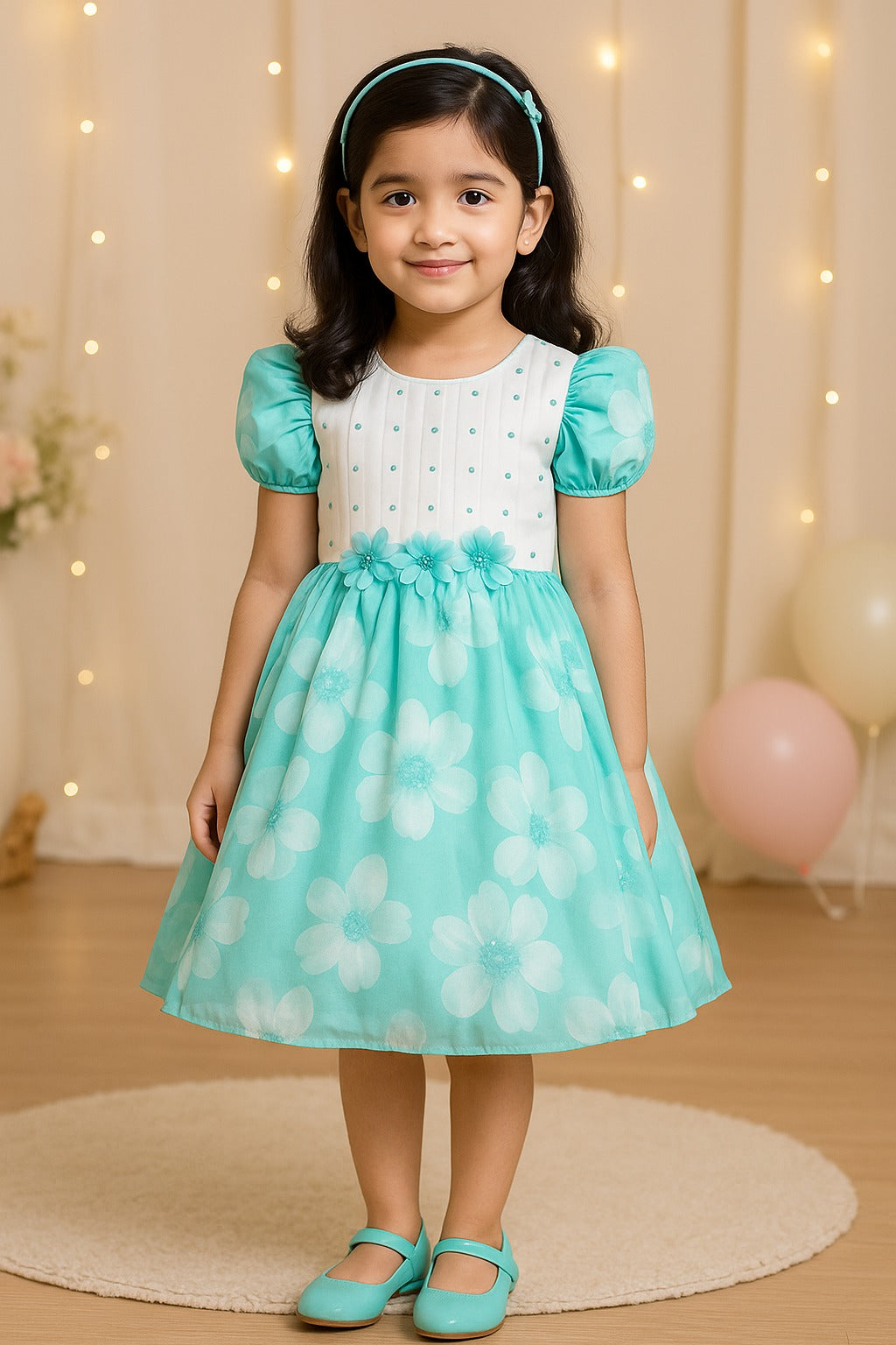 Girls Floral Print Embellished with Balloon Sleeves Party Dress