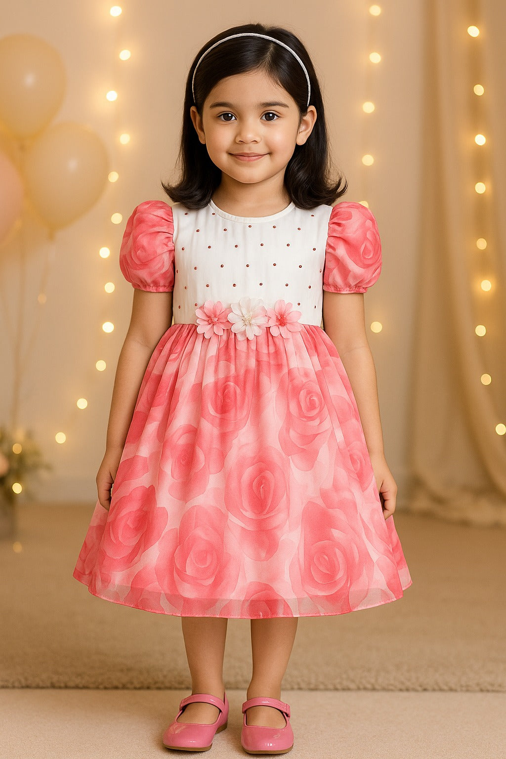 Girls Floral Print Embellished with Balloon Sleeves Party Dress