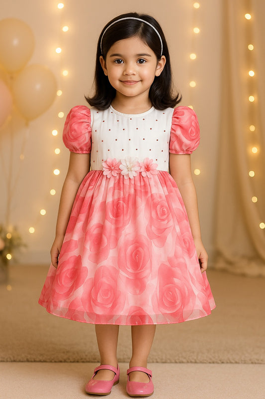 Girls Floral Print Embellished with Balloon Sleeves Party Dress