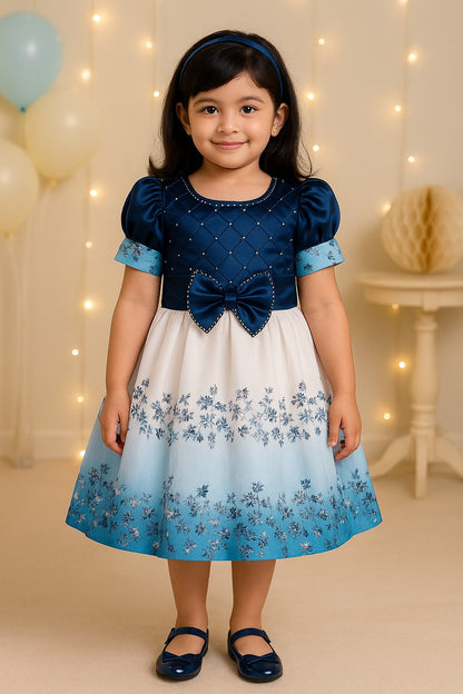 Girls Embellished Floral Print Pleated Party Dress