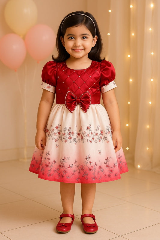 Girls Embellished Floral Print Pleated Party Dress