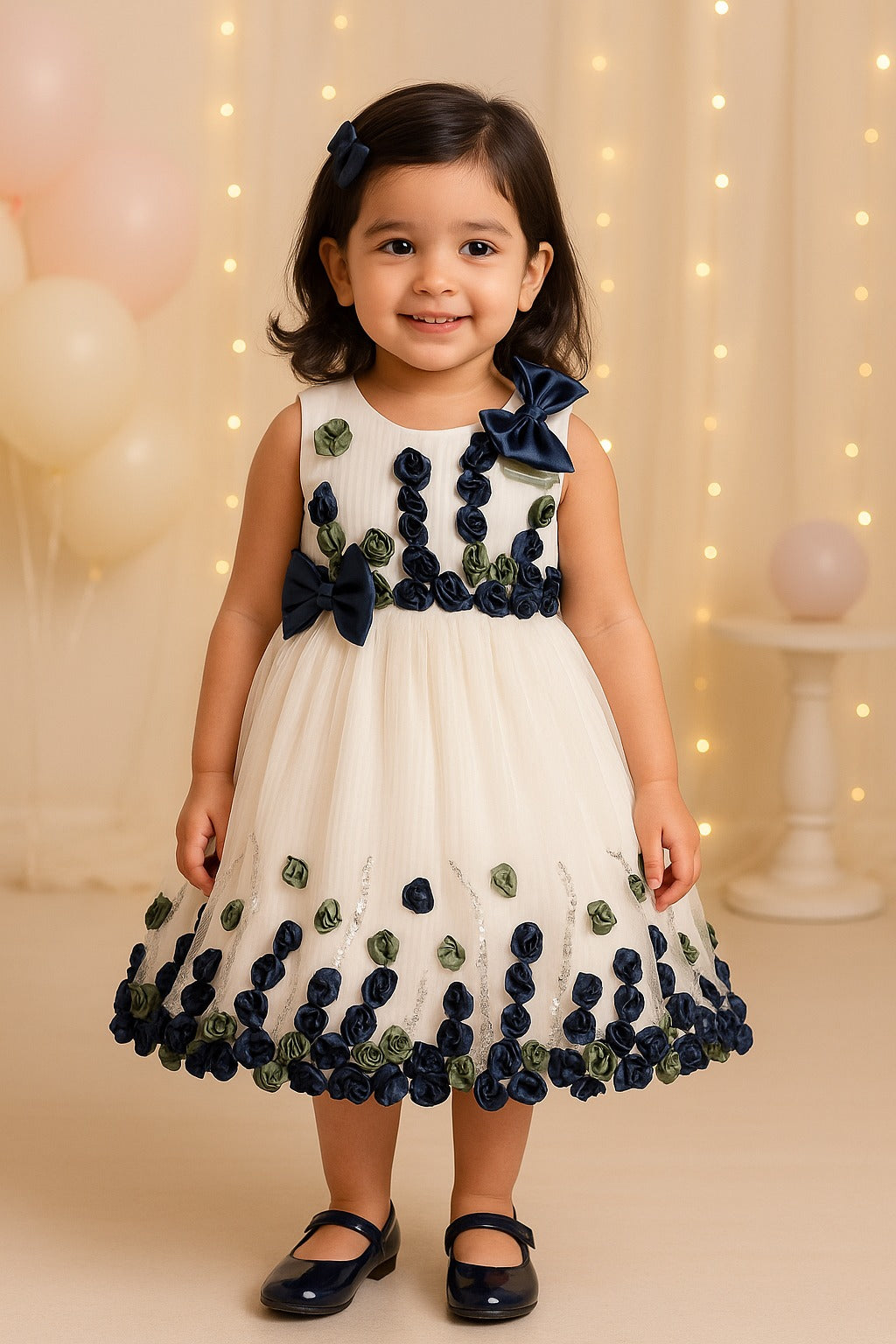 Girls Floral Bow Applique Sequined Net Party Dress