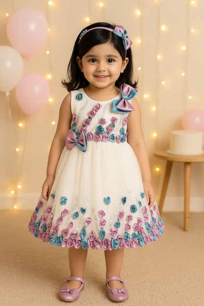 Girls Floral Bow Applique Sequined Net Party Dress
