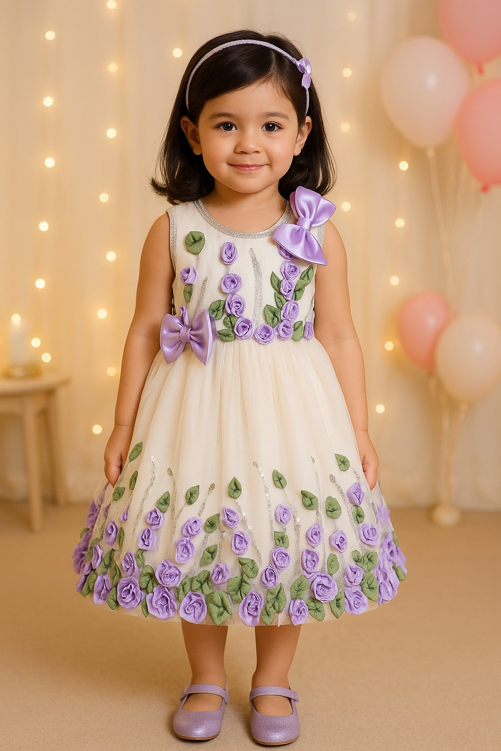 Girls Floral Bow Applique Sequined Net Party Dress