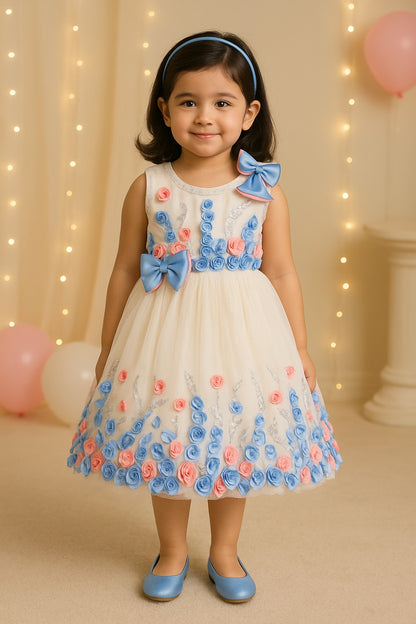 Girls Floral Bow Applique Sequined Net Party Dress