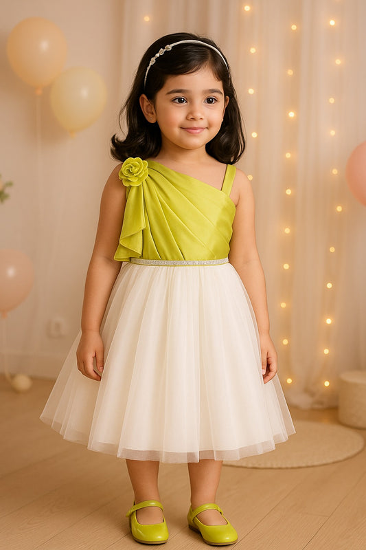Girls One Shoulder Floral Applique Flared Net Party Dress