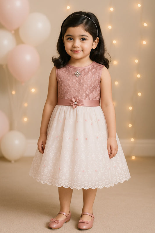 Girls Floral Embroidered and Pearl Embellished Party Dress
