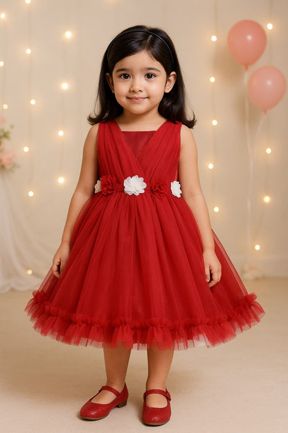 Girls Floral Net Embellished Flared Dress