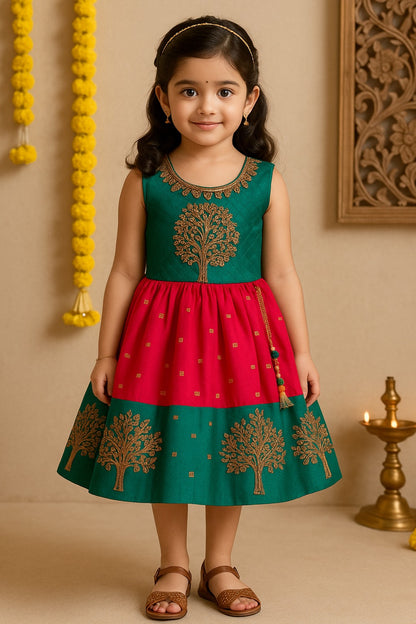 Baby Girls Silk Embroidered Ethnic Frock Dress With Jacket