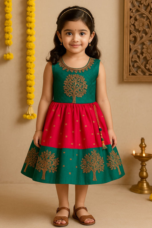 Baby Girls Silk Embroidered Ethnic Frock Dress With Jacket