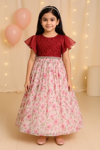 Girls Pearl Embellished Floral Print Party Dress