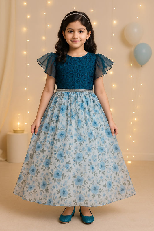 Girls Pearl Embellished Floral Print Party Dress