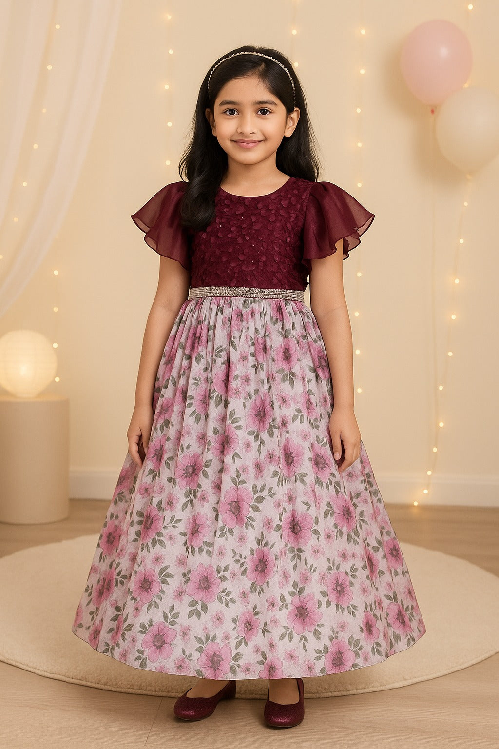 Girls Pearl Embellished Floral Print Party Dress