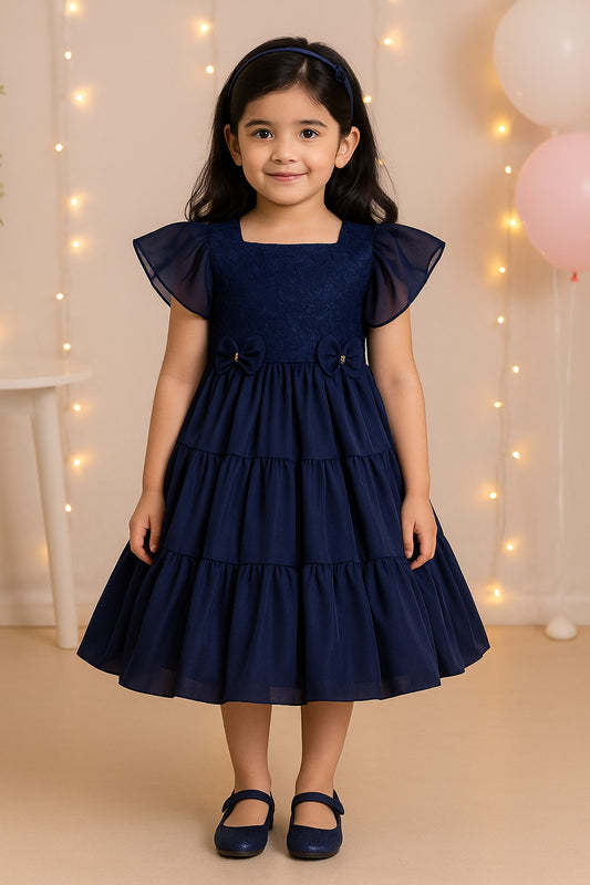 Girls Bow Floral Embroidered Tiered Party Dress