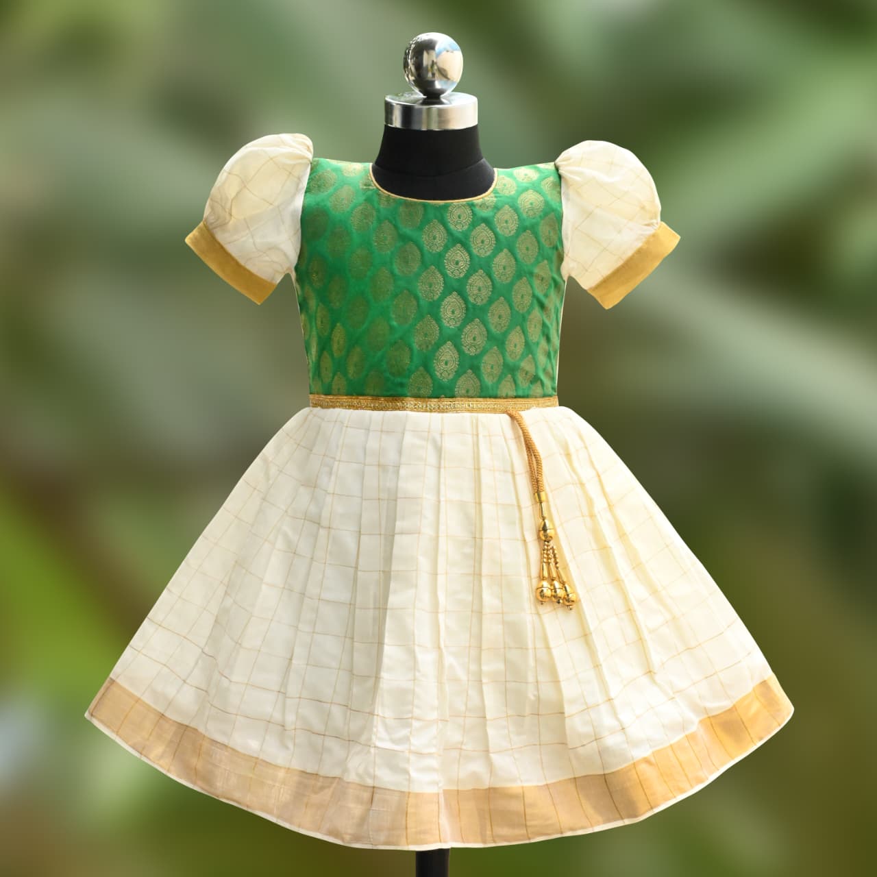 Baby Girls Onam Art Silk Pattu Dress with Puff Sleeves & Golden Zari Border