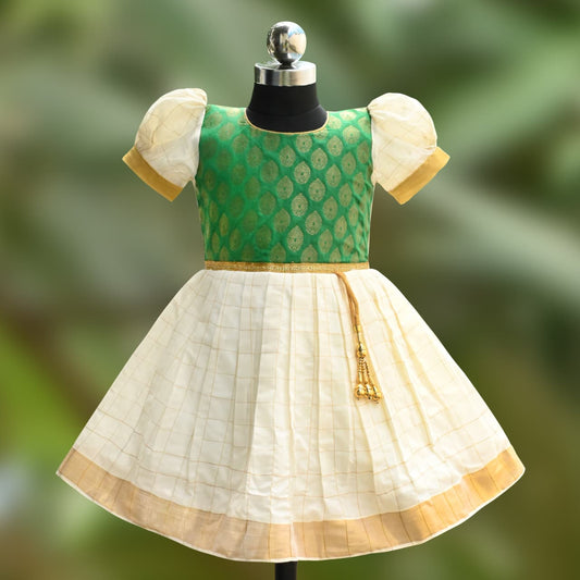 Baby Girls Onam Art Silk Pattu Dress with Puff Sleeves & Golden Zari Border