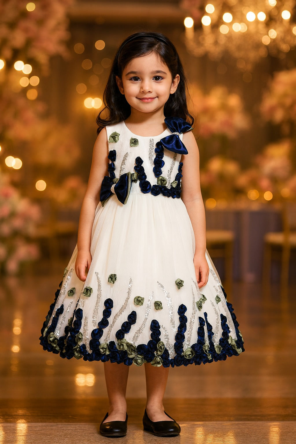Girls Floral Bow Applique Sequined Net Party Dress