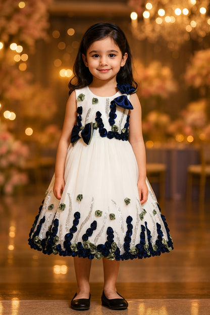 Girls Floral Bow Applique Sequined Net Party Dress