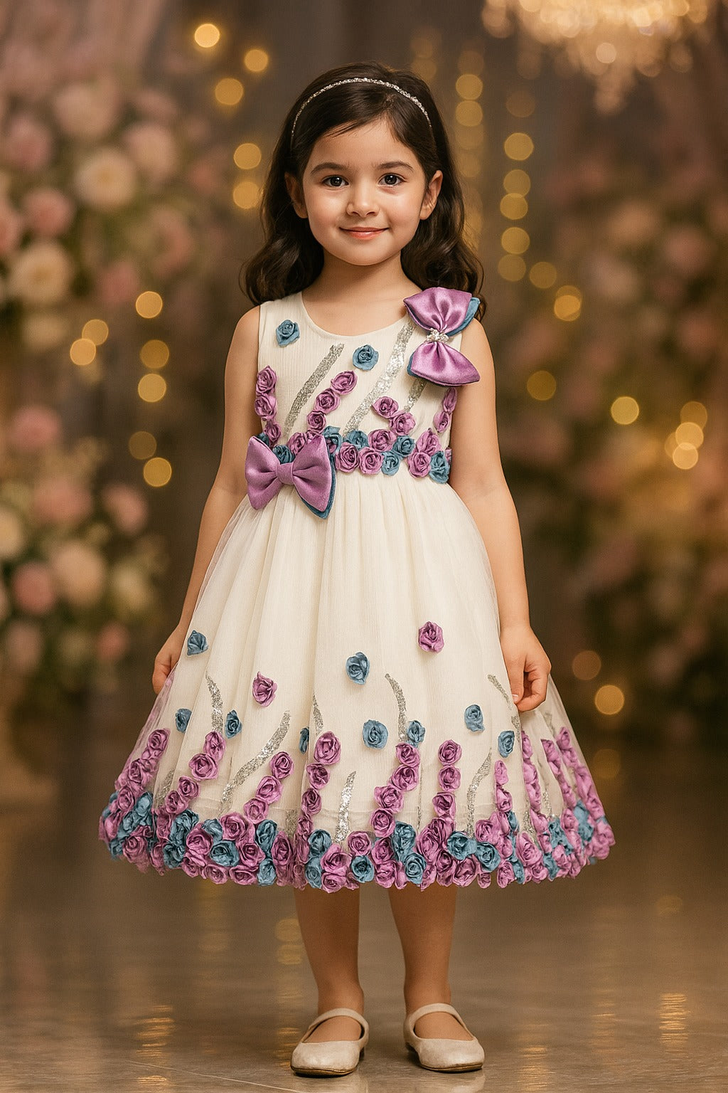 Girls Floral Bow Applique Sequined Net Party Dress