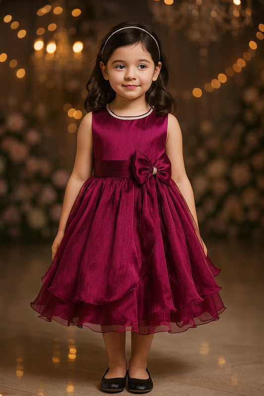 Girls Layered Party Dress with Bow & Rhinestone Neck
