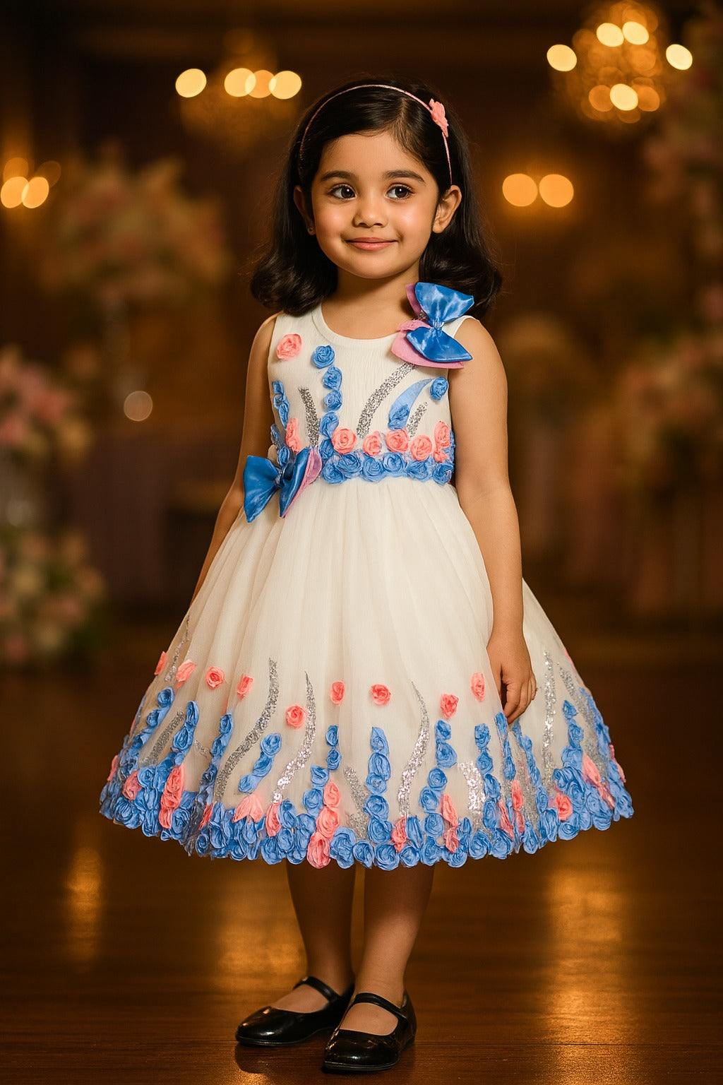 Girls Floral Bow Applique Sequined Net Party Dress