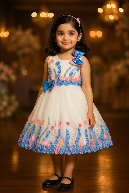 Girls Floral Bow Applique Sequined Net Party Dress