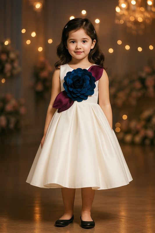 Girls Elegant Floral Applique Pleated Party Dress