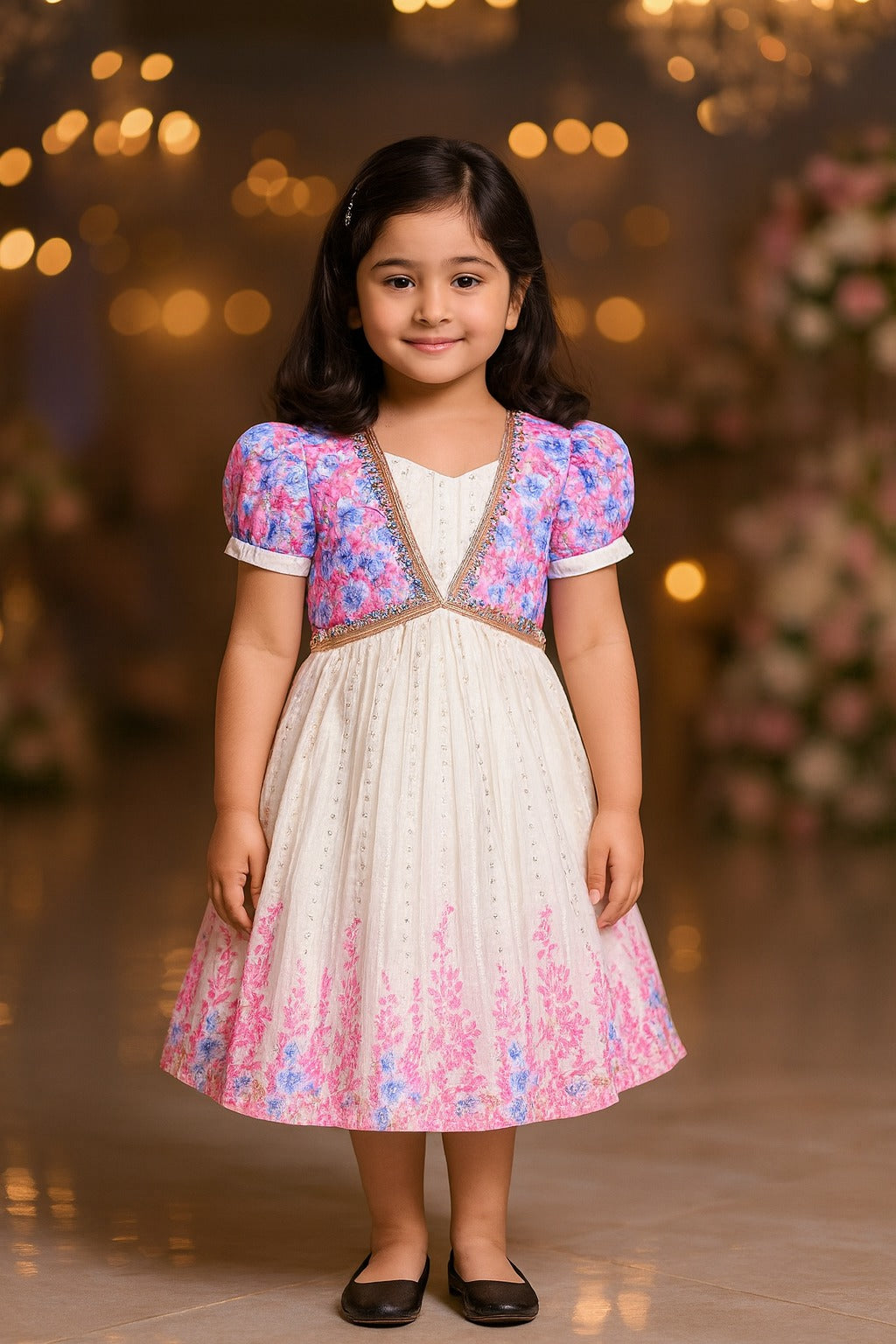 Baby Girls Floral Print Embellished Ethnic Frock Dress - Onam Special