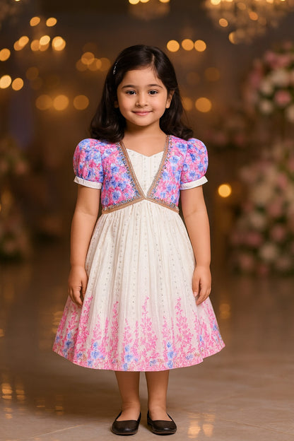 Baby Girls Floral Print Embellished Ethnic Frock Dress - Onam Special