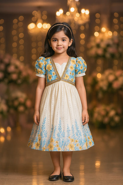 Baby Girls Floral Print Embellished Ethnic Frock Dress - Onam Special