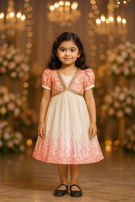 Baby Girls Floral Print Embellished Ethnic Frock Dress - Onam Special