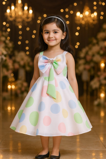 Girls Pastel Polka Print Elegant Bow Party Dress