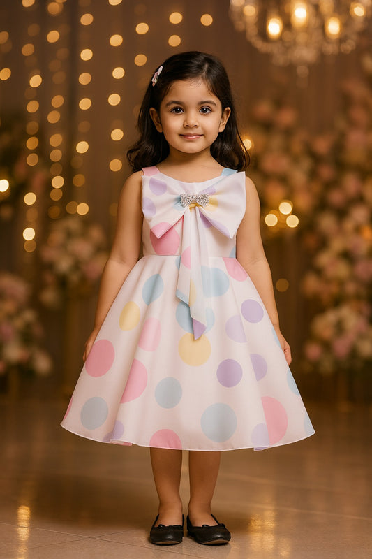 Girls Pastel Polka Print Elegant Bow Party Dress