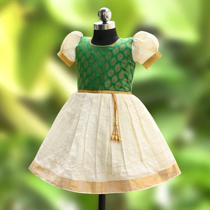 Baby Girls Onam Art Silk Pattu Dress with Puff Sleeves & Golden Zari Border