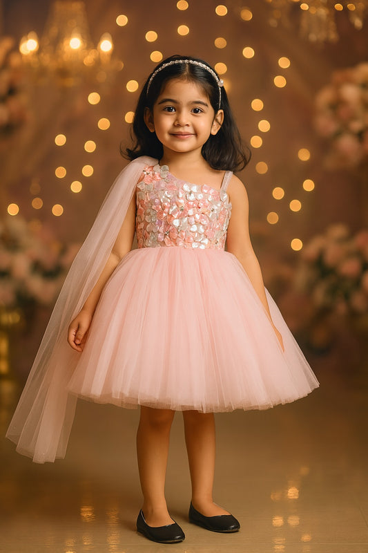 Girls Solid Net Fabric A-Line Frock Dress