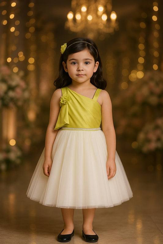 Girls One Shoulder Floral Applique Flared Net Party Dress