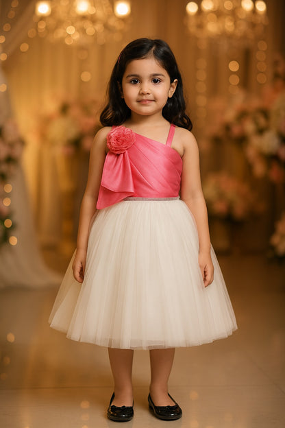 Girls One Shoulder Floral Applique Flared Net Party Dress