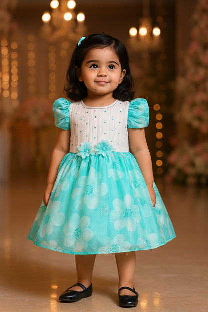 Girls Floral Print Embellished with Balloon Sleeves Party Dress