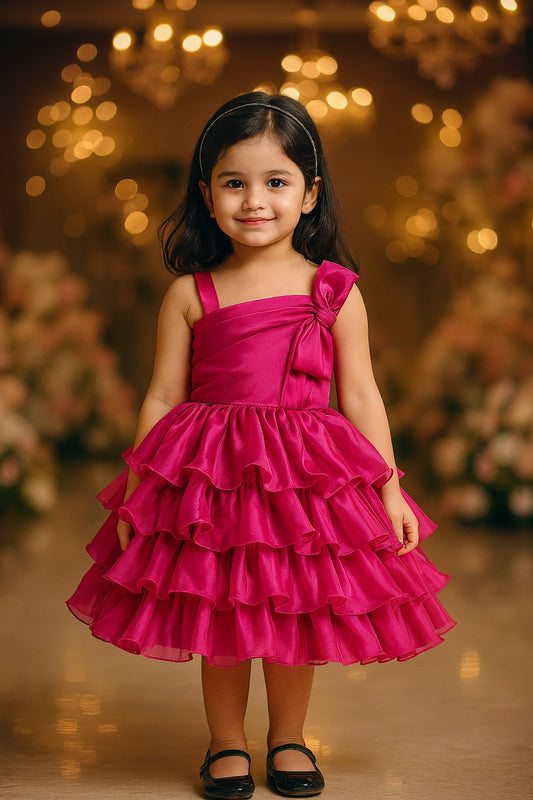 Girls Princess Style Flared Organza Party Dress with Bow Shoulder