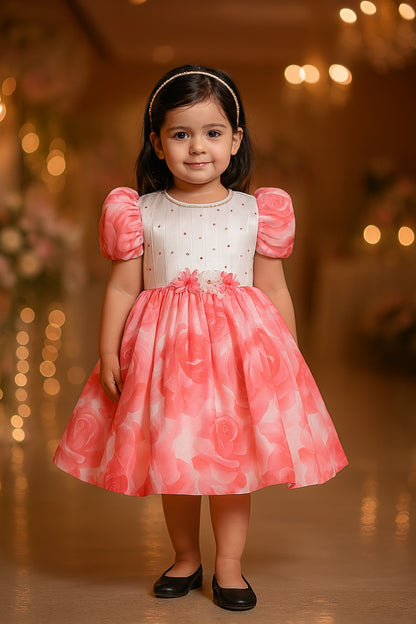 Girls Floral Print Embellished with Balloon Sleeves Party Dress