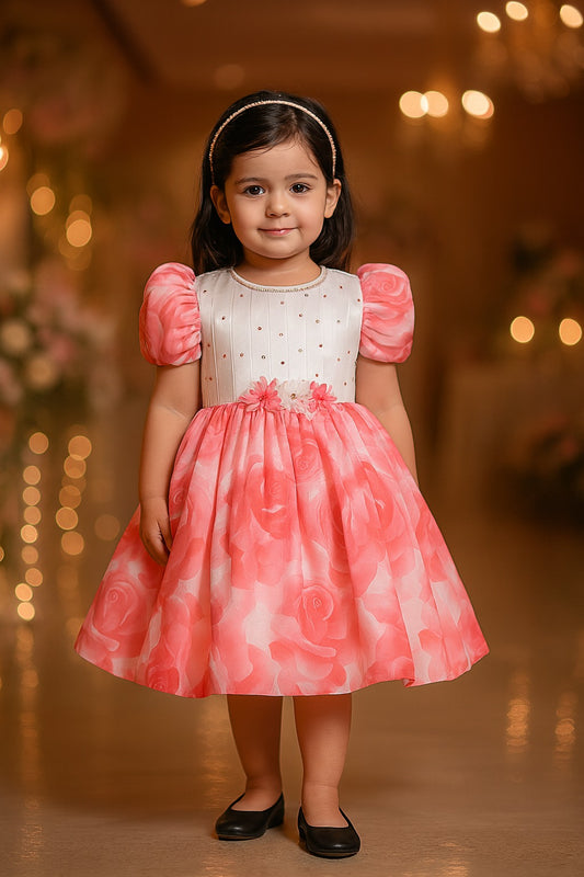 Girls Floral Print Embellished with Balloon Sleeves Party Dress
