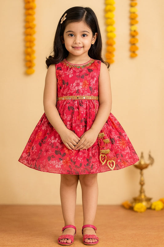 Girls Floral Chiffon Summer Dress with Mirror Work Festive Wear