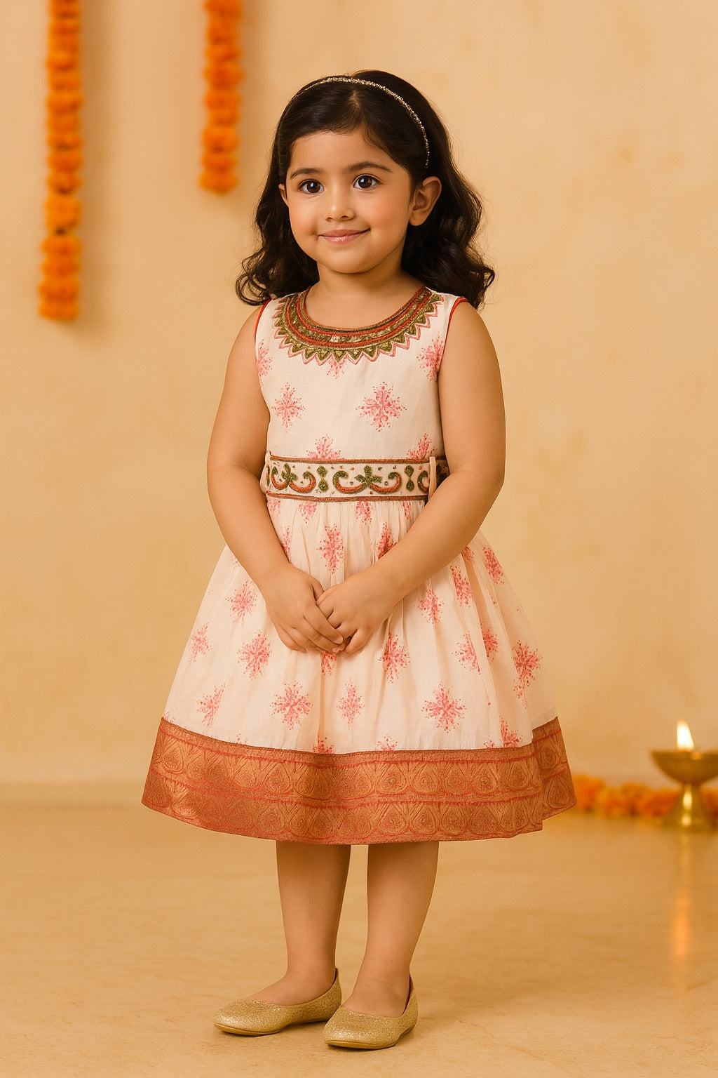 Baby Girls Beaded Woven Zari Border Ethnic Onam Frock Dress