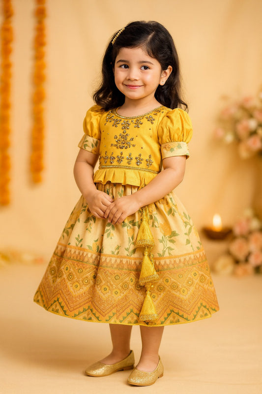 Girls Bead Embellished Printed Silk Ethnic Dress