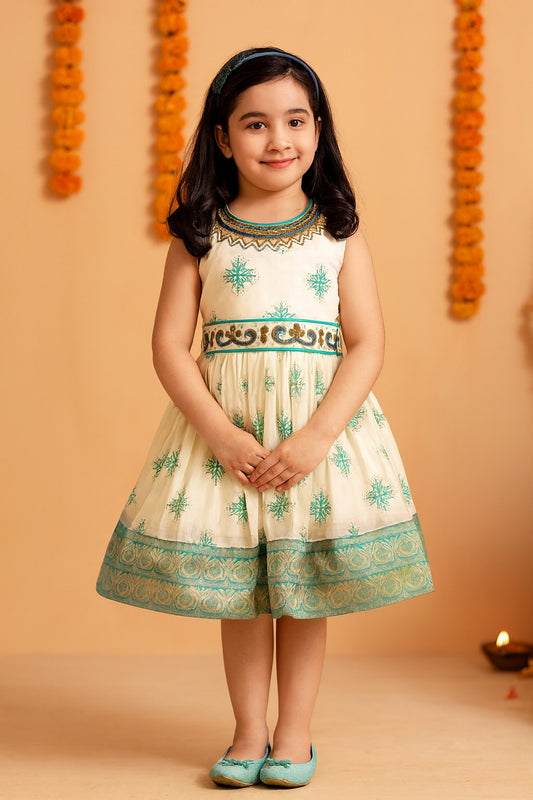 Baby Girls Beaded Woven Zari Border Ethnic Onam Frock Dress