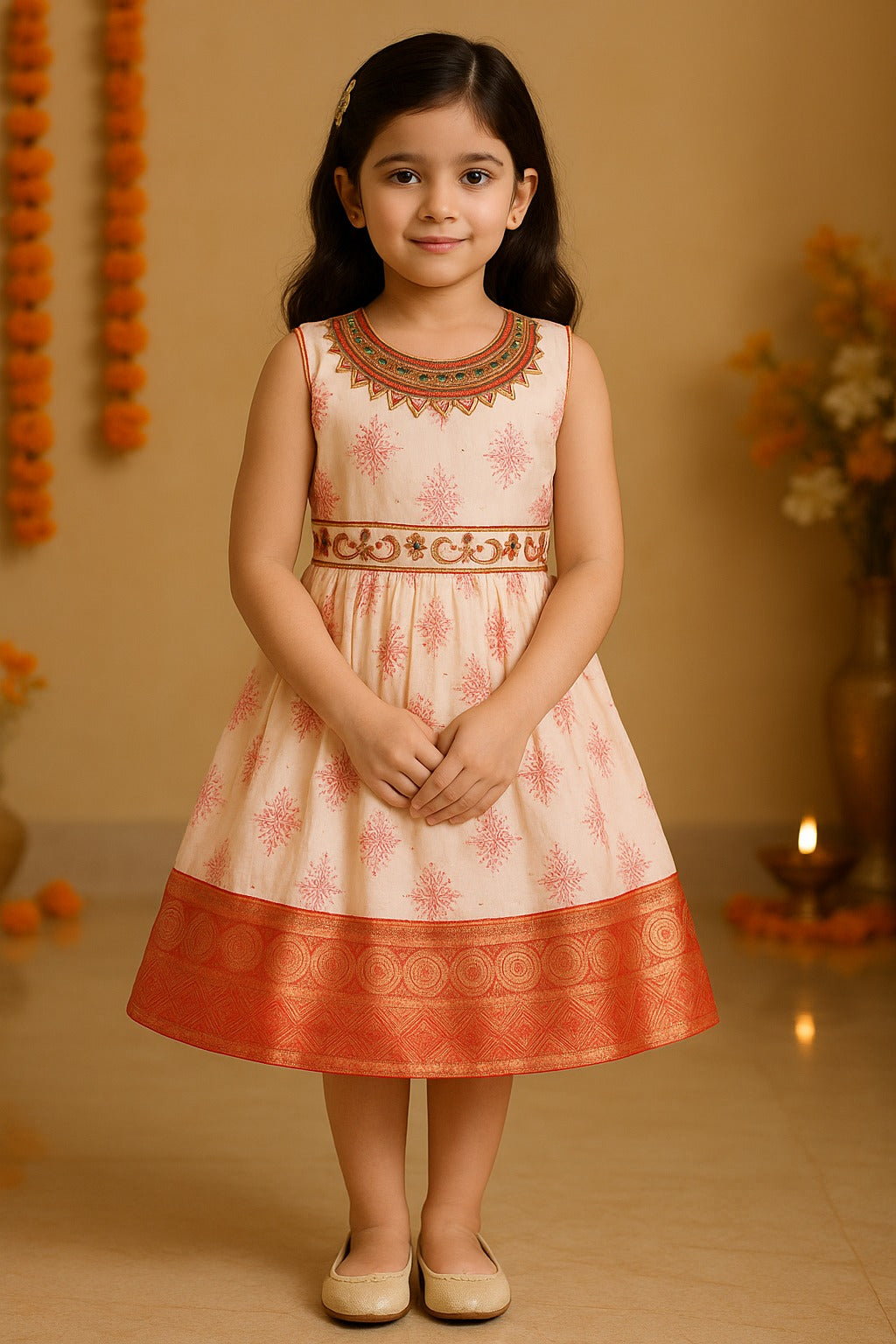 Baby Girls Beaded Woven Zari Border Ethnic Onam Frock Dress