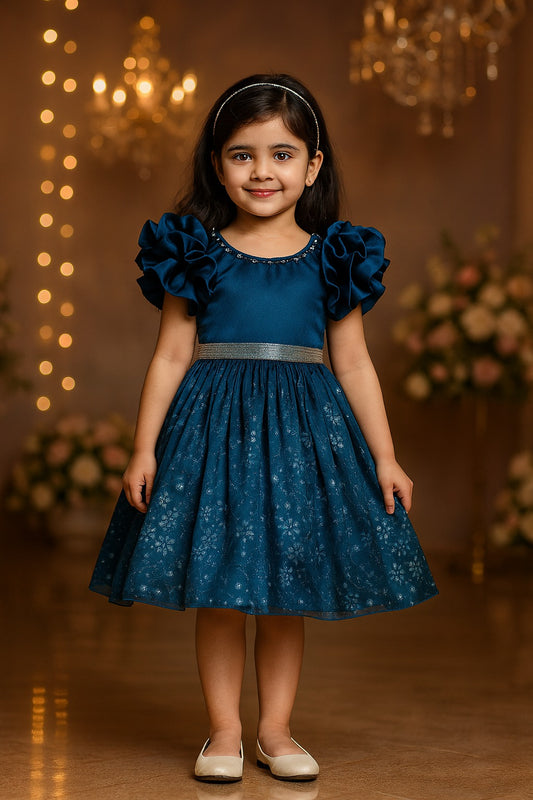 Girls Floral Shimmery Ruffle Sleeve Dress