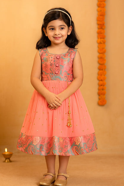 Girls Floral Design Sequin Flared Dress