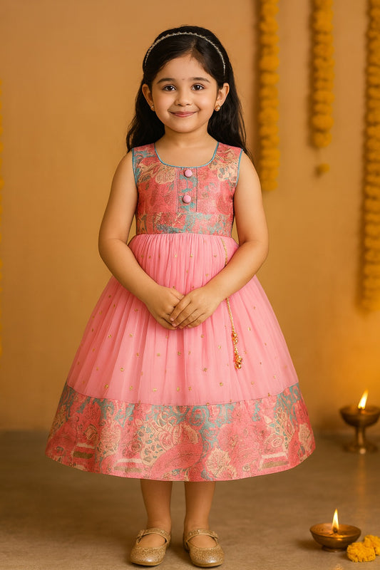 Girls Floral Design Sequin Flared Dress